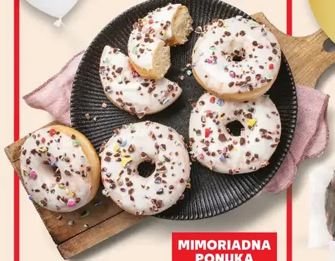 Donut s bielou polevou a farebnou posýpkou