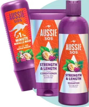 Aussie SOS šampón Strength & Length kondicionér Strength & Length maska na vlasy 1 Minute Miracle