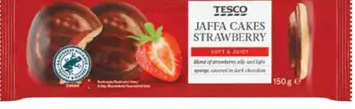 Tesco piškóty s jahodovým želé, polomáčané v horkej čokoláde