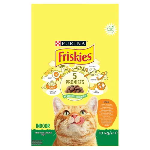 Friskies Indoor pre mačky žijúce v byte s lahodnou kombináciou kuraťa a morky a so zeleninou