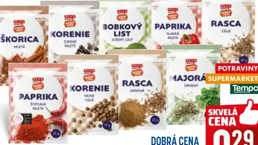 COOP Dobrá cena koreniny viac druhov (škorica, paprika, bobkový list, rasca, majoránka)