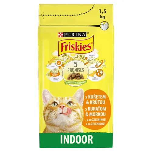 Friskies Indoor pre mačky žijúce v byte s lahodnou kombináciou kuraťa a morky a so zeleninou